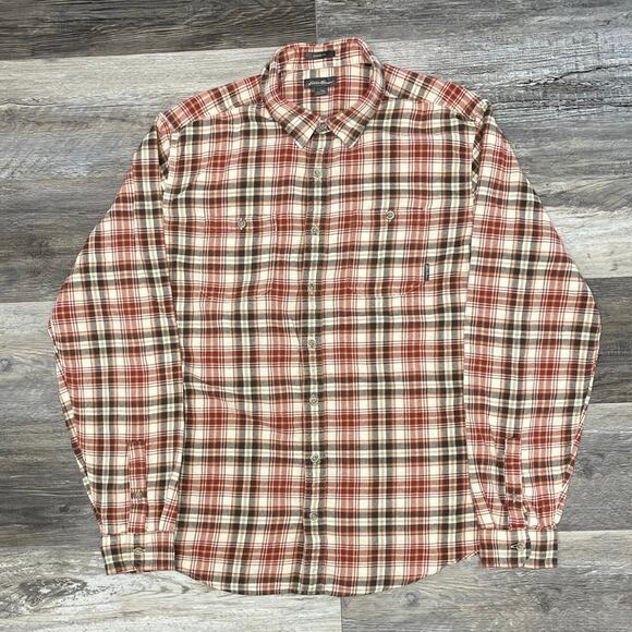 Eddie Bauer Classic‎ Fit Cream Red Brown Tartan Men XLT Flannel Button Up Shirt - Picture 2 of 10
